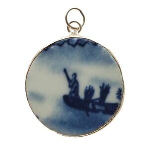 Vintage Blue & White Porcelain Pottery Shard Pendant Nautical Man In Boat Scene